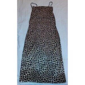 Divided Silky Satin Leopard Print Slip Night Dress Long Spaghetti Strap Gown